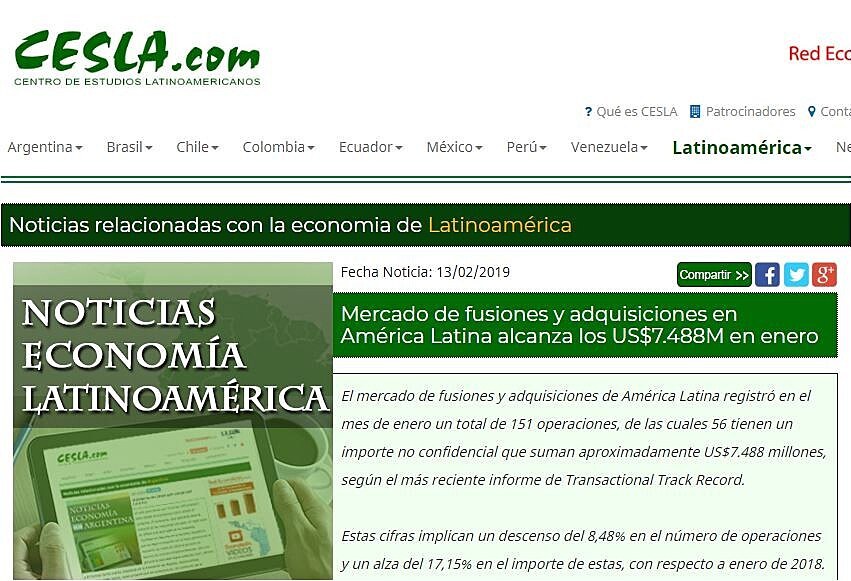 Mercado de fusiones y adquisiciones en Amrica Latina alcanza los US$7.488M en enero